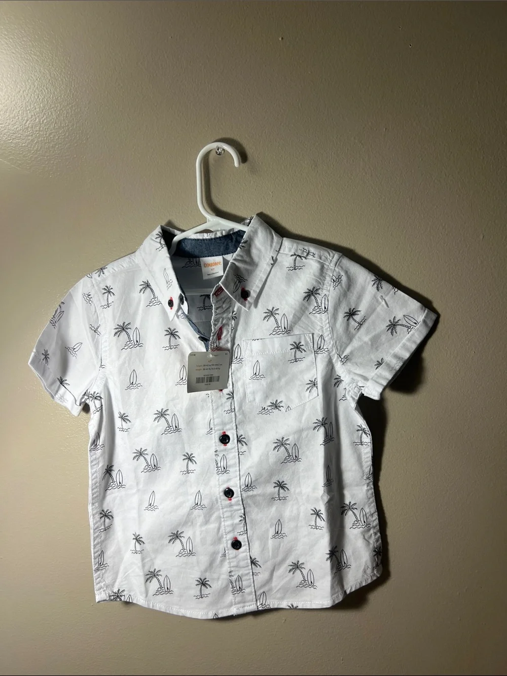 Gymboree White Short-Sleeve Button-Down with Palm & Surf Sketches